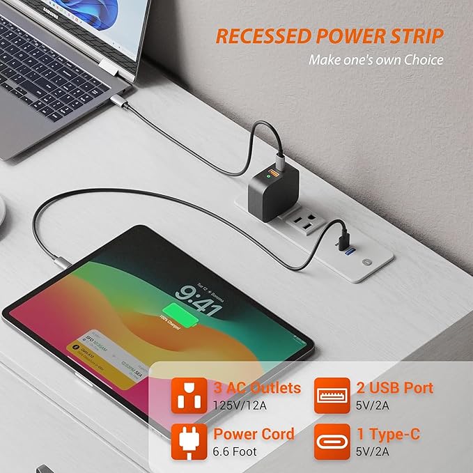 53 Inch Large Computer Desk Office Desk with Power Outlets &amp USB Charging Port Study Writing Table with Three Storage Drawers and one wooden Door Laptop PC Desk for Bedroom Study Room Office