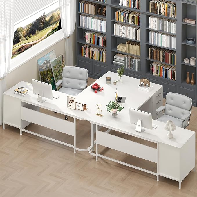 TVU 59’’ L Shaped Desk with 6 Wooden Drawers Large Home Office Corner Computer Desk with Storage File Cabinet Modern Metal Wood Desk for Executive Writing Study Workstation White