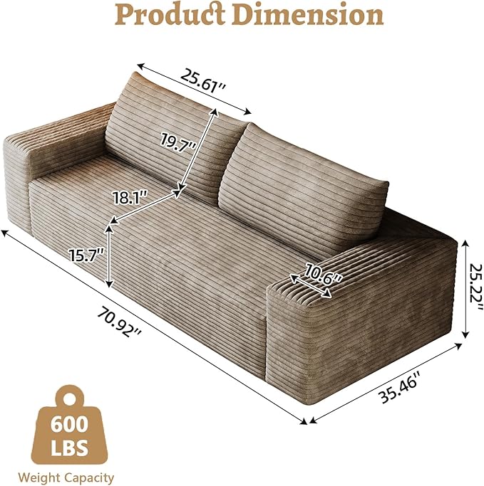 Boneless Sofa Compressed Sofa Couch in a Box Deep Seat Couch for Living Room Bedroom Conference Room Apartment Backrest Pillow No Assembly (Camel 71)