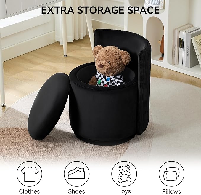 Velvet Vanity Chair with Storage 360° Swivel Makeup Chair with Wave Back No Assembly Small Accent Stool for Bedroom Dressing Living Room Black