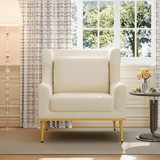 Merax Luxury Velvet Accent Chair Modern Mid-Century Armchair for Living Room Bedroom Reading Corner Comfortable Tufted Single Seater Sofa Chair with Iron Legs (Beige)