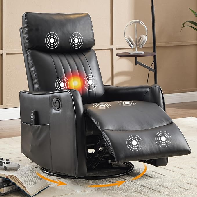 Manual Swivel Rocker Recliner Chair for Adults Overstuffed Recliner Glider with Massage and Heat Living Room Reclining Chair PU Leather Black