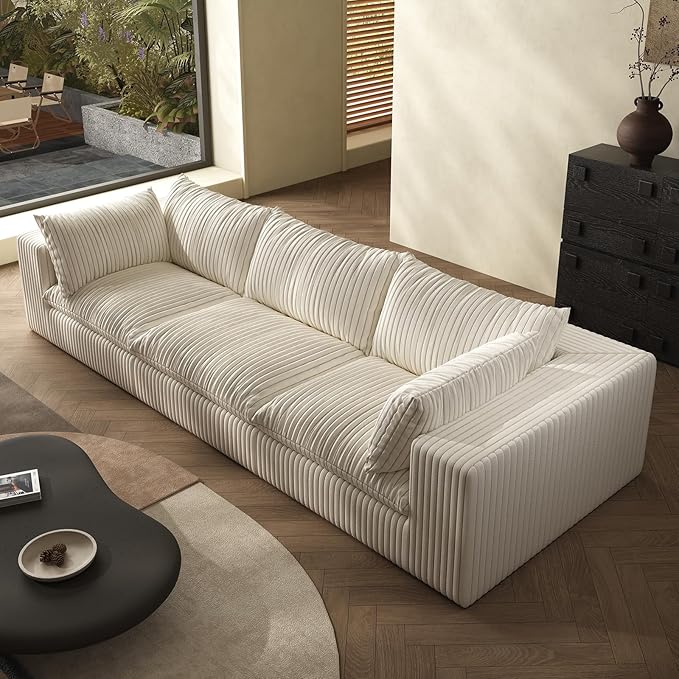 118-inch Boneless Cloud Sofa Modular Corduroy Sectional Couch with Full Foam Compression for Living Room Bedroom Apartment No Assembly Required (White 3 Seater with 1 Ottoman)