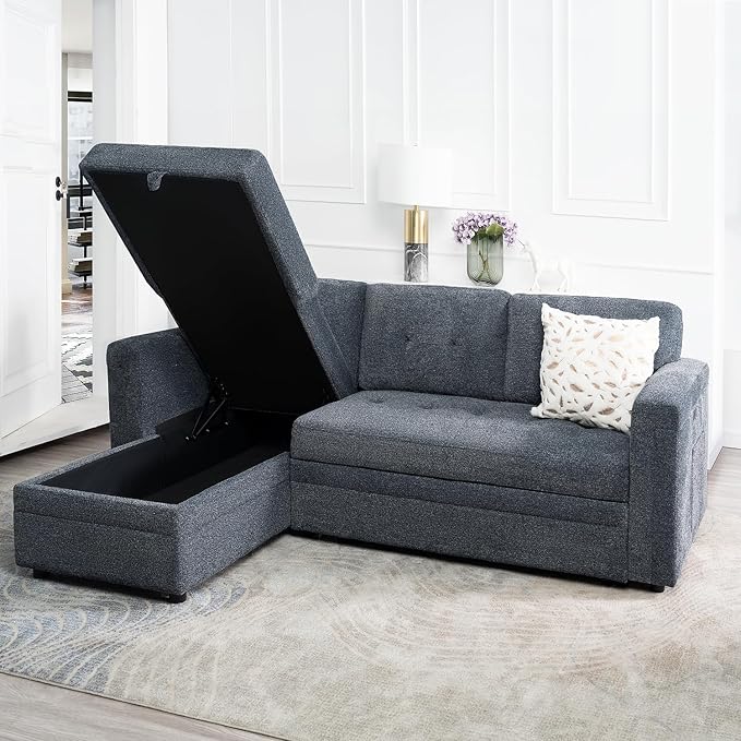 Naomi Home Lily Sectional Sleeper Sofa with USB Ports-M-Shaped Couch Convertible Pull-Out Bed Ample StorageTimeless DesignSturdy ConstructionLong-Lasting for Modern Living - Gray Microfiber