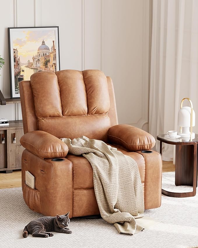 Garvee 22'' Recliner Chair for Adults Manual Recliner with Cup Holders and Side Pockets PU Leather Single Sofa with Ergonomic Design for Nursery Living Room Bedroom Vintage Leather