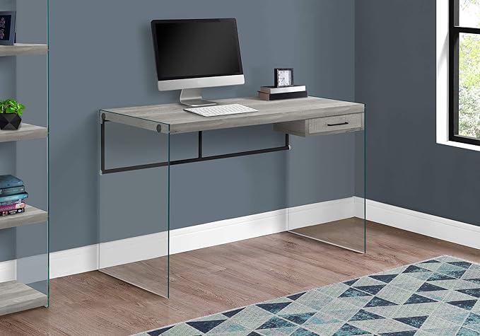 Modern Glass Frame Computer Desk with Storage Drawer - Home Office Laptop Work Desk - Grey Laminate 48 L Office Desk