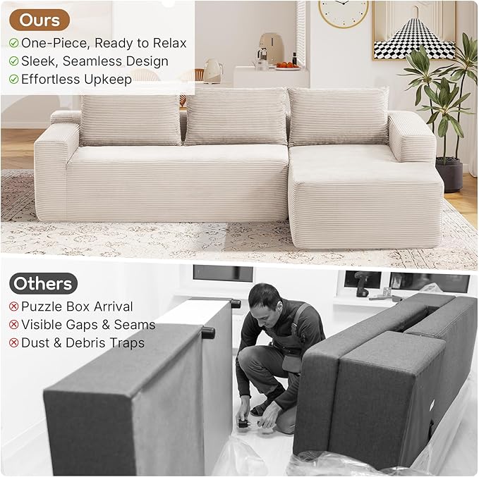 97 L Shaped Boneless Couches fo Living Room Modular Sectional Sofa White Corduroy Compression Couches for Small Spaces No Assembly Required (Right Facing Chaise)