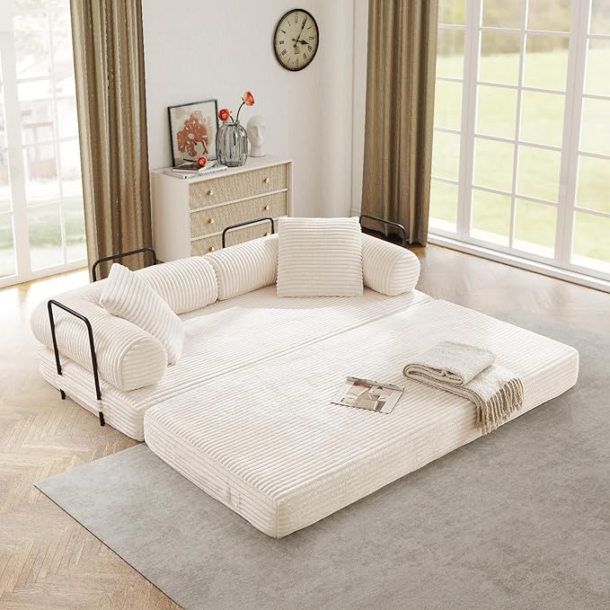 Modular Couch Bed Convertible Folding Plush Corduroy Comfy Floor Memory Foam Compression Loveseat Sleeper Sofa Couch King Size Bed for Guest Room Living Room Bedroom No Assembly Required Beige