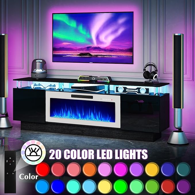 70 Modern Fireplace TV Stand with 36 Electric Fireplace for TVs Up to 80 inch Luxury LED Light Entertainment Center with High Gloss Cabinet (Black with White Fireplace 70 (8 Acrylic Posts))