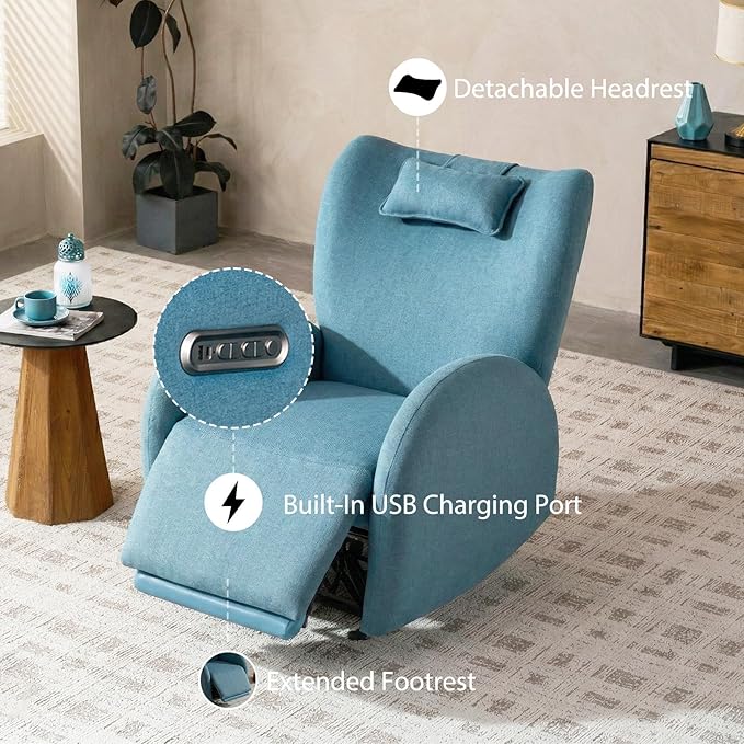 EONIX Stylish Power Glider Rocker Recliner Chair Dual Motor Independently Controlled Footrest and Backrest Detachable Headrest Lazy Boy Recliner Chair for Living Room SXXY010041 Teal Blue