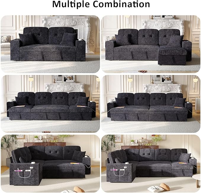 Pull Out Bed for Modular Sectional Sleeper Sofa with Adjustable Backrest Premium Textured Chenille Easy to Assemble Dark Blue