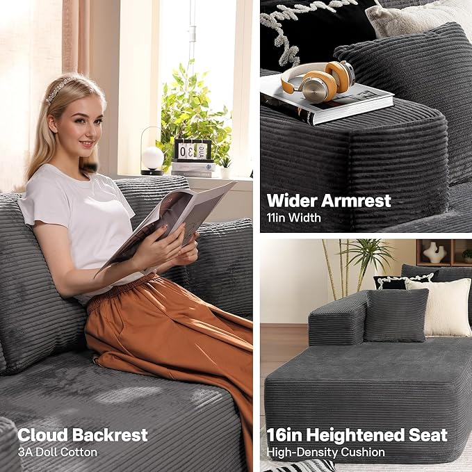 104 Cloud Sectional Couches for Living RoomL Shaped Boneless Couch in A BoxSleeper Sofa with Comfy Chaise No Assembly RequiredGrey