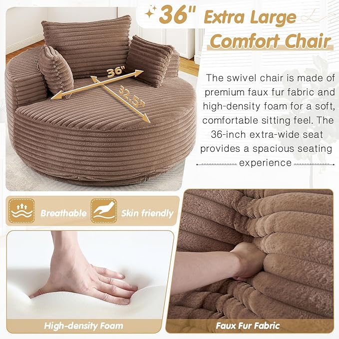 55 W Oversized Round Swivel Accent Barrel Chair360 Degree Faux Fur Upholstered Comfy Chaise Lounge Chair IndoorModern Deep Seat Reading Sofa Armchair for Living RoomBedroomOffice(Brown)