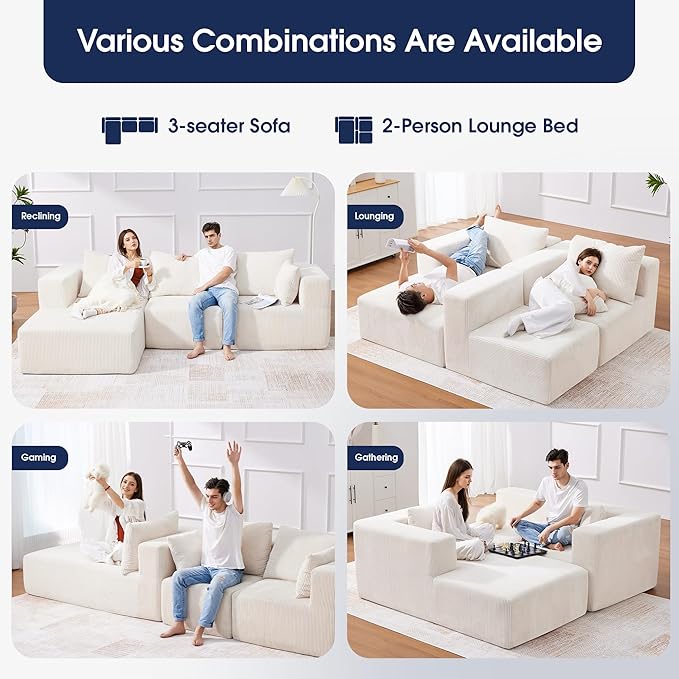 KINGYES 135'' Modular Sectional U Shaped Sofa Upholstered Corduroy Boneless Couch Cloud Couch for Living Room Beige