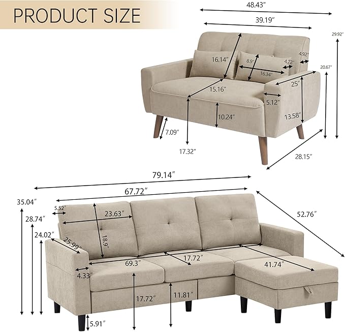 2 Piece Comfy Couch Set 3 Seater &amp 2-Seater Sofa and Loveseat Set with Ottoman Modern Sofa Sets for Living Room/Apartment/Office Beige