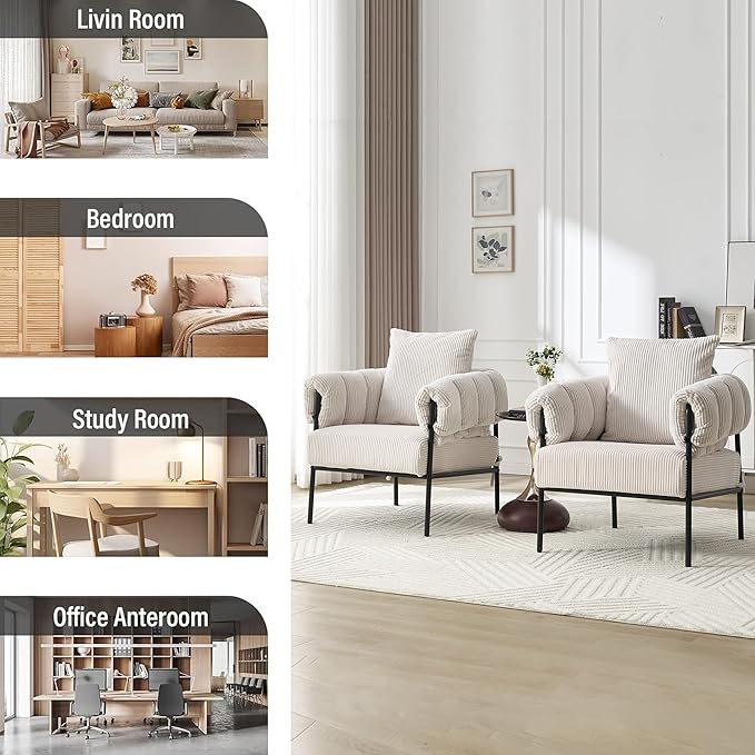 Modern Velvet Accent Chairs Set of 1 Comfy Large Living Room Sofa Chair Upholstered Fabric Armchair with Pillow and Metal Legs for Office/Bedroom/Reading Beige