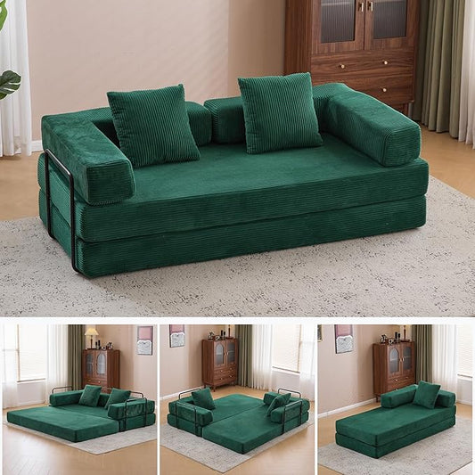 Folding Convertible Sofa Bed 4-in-1 Boneless Couch Sleeper Sofa 76.8'' Corduroy Foldable Mattress Couch with Fixed-Shape Frame Floor Sofas Modular Futon Couches for Living Room Dark Green