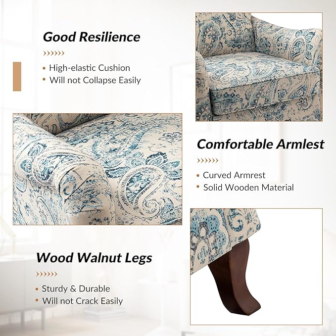 HULALA HOME Floral Accent Chair Set of 2 Modern High Back Armchair with Wooden Legs Comfy Wingback Chair Upholstered Accent Single Sofa Chair for Living Room &amp Bedroom Blue