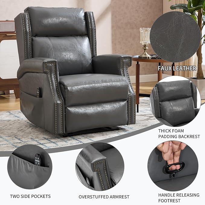 Manual Rocker Swivel Recliner Chair with Vibration Massage Lumbar Heat Rivet Design Faux Leather Brown Single Sofa for Living Room (34.8 Grey)