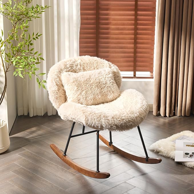VINGLI 25.6 Extra Wide Nursery 115° Armless Rocking Chair Curved Cute Cross-Legged Glider Chair with Pillow &amp Solid Wood Nursing Chair for Bedroom Living Room Fluffy Fleece Khaki