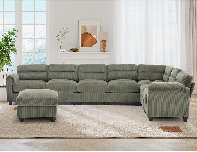 135” Modular Sectional L Shaped Corner Sofa with Movable Ottoman Corduroy 8-Seater Couches with Thick Cushion for Living Room Green