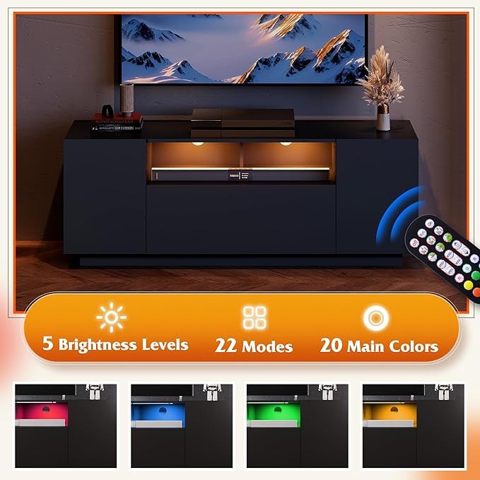 WLIVE TV Stand with LED Lights &amp Large Storage Cabinet Modern Entertainment Center for 32/43/50/55 Inchs TVs Sturdy Media Console for Living Room BedroomGaming(Black)