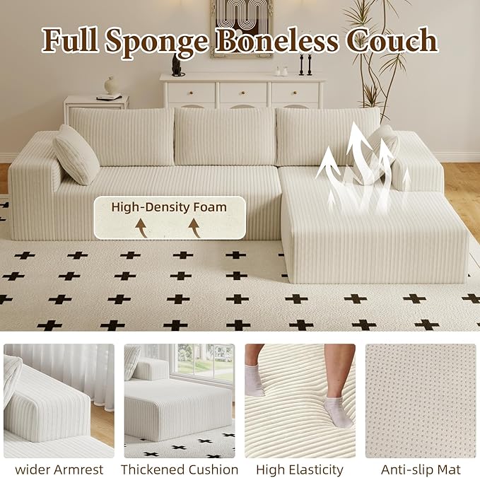 Boneless Couch Corduroy Sectional Sofa Cloud Couches Deep Seat L-Shaped Sofa No Assembly Pet-Friendly Apartment Couch for Small Spaces (Beige L Shape with Right Facing Chaise)
