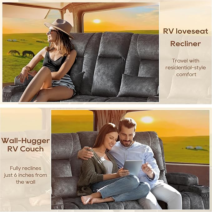 URRED Manual Reclining Loveseat Sofa with Console Double Recliner RV Couch with Bluetooth Speakers USB &amp Power Outlet Cup Holders Pillow and Side Pocket for Home Theater Velvet Grey
