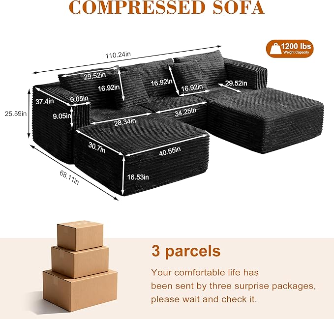110 Corduroy Modular Sectional Boneless Sofa with 2 Ottomans Convertible Cloud Couch with Deep Seats Fluffy Memory Foam U Shaped Couch for Living Room No Assembly Required (Black)