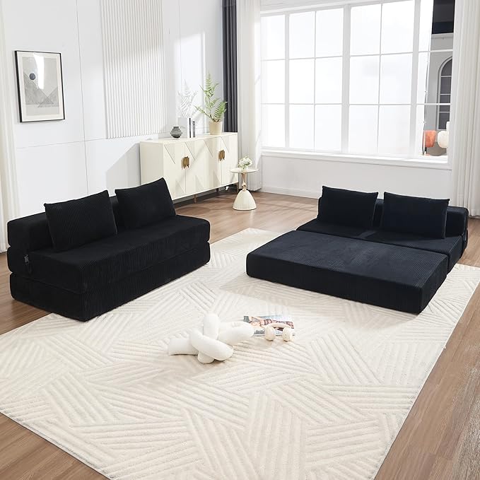 GNIXUU Fold Out Couch 3-in-1 Convertible Futon Sofa Bed with 2 Pillows Corduroy Foldable Floor Chair Boneless Loveseat Couches for Living Room Bedroom Small Spaces Black