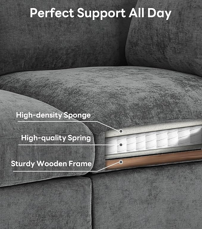 Sectional Couch for Living Room Comfy L Shaped Convertible Sofa 4 Seater Modern Chenille Sofa with Ottoman Grey