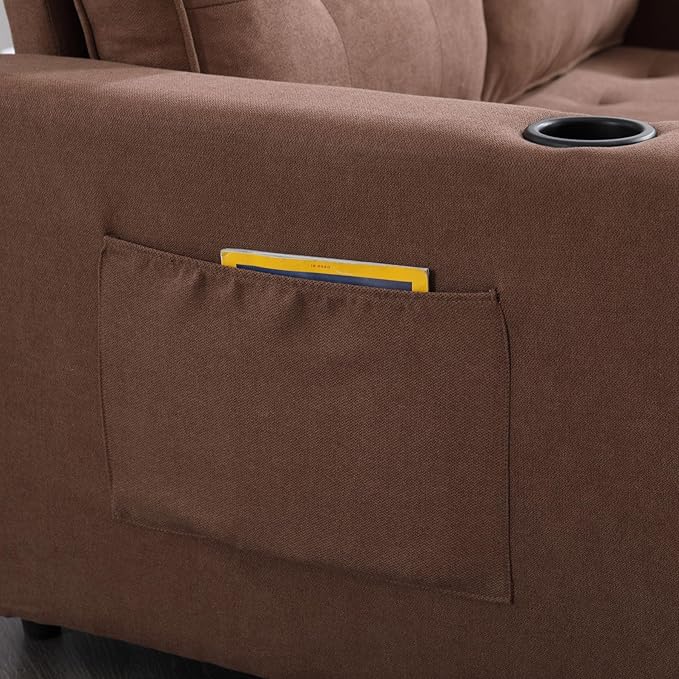 Folding Futon Loveseat Sleeper Sofa Bed with Pullout Couch Bed Comfy Convertible Floor Sofa Bed Cup Holder&amp Side Pockets for Bedroom Living Room Small Space (Brown + Cup Holder)