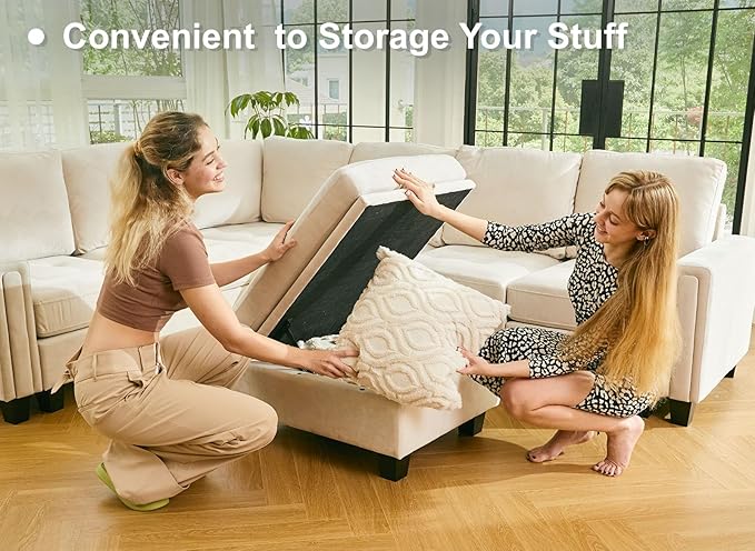 Belffin Sectional Sleeper Sofa with Pull Out Couch Bed Modular Sectional Sofa with Storage Velvet L Shaped Couch Sleeper Bed Beige