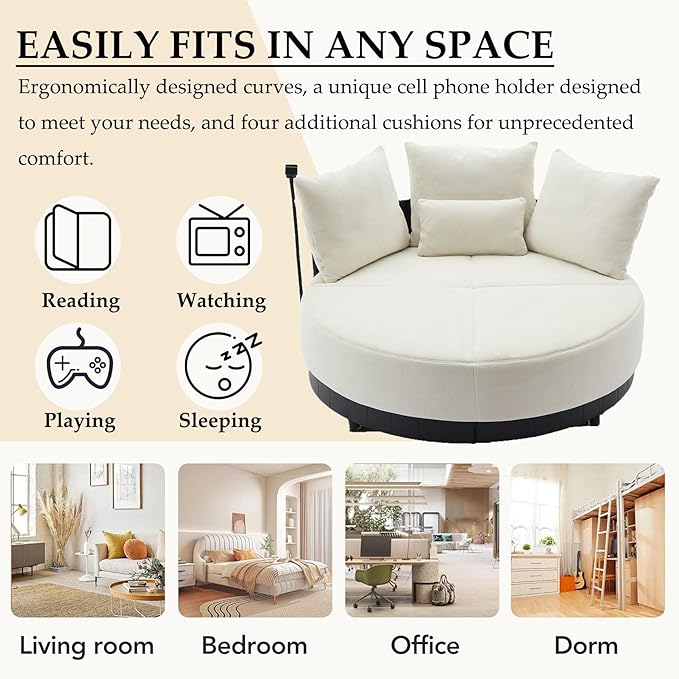 Anwick 52'' Oversized Round Swivel Chair360° Swivel Chair with Adjustable Phone Holder and 4 Pillows Upholstered Couples Chair with Rotating Pulley for Living Room Bedroom Lounge Hotel (Beige)