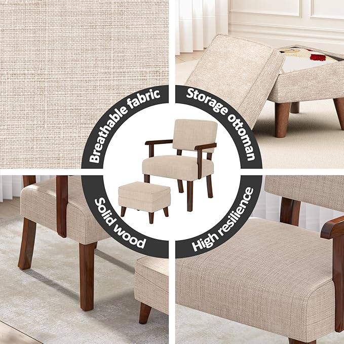 Accent Chairs with Adjustable Ottoman Comfy Arm Footrest Set Storage Footstool Sofa Armchair with Footrest Lazy Chair Set for Living Room/Bedroom/Reading Room Beige