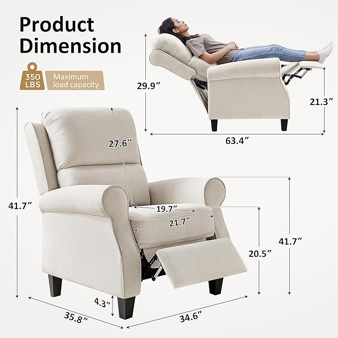 Oversized Recliner Chair for Living Room Modern Reclining Sofa Home Theater Seating with Upholstered Push Back Mid-Century Reclining Armchair with Lumbar Support Bedroom Reading Nook Office