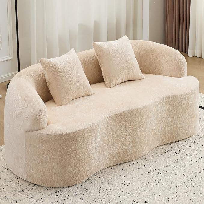 67 Curved Loveseat Sofa with 2 Pillows Boneless Curved Couch with Round Armrest Cloud Sofa for Living Room Bedroom Small Spaces Teddy Modern Compressed No Assembly (Beige Warm)