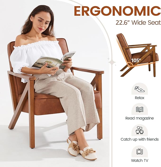 Topeakmart PU Leather Accent Chair Modern Mid Century Armchair Sofa Chair with Wooden Frame and Sturdy Legs for Living Room 1/Light Brown