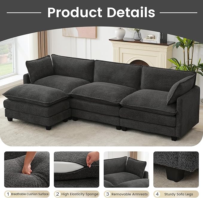 ROWHY Oversized Modular Sectional Couch with Movable Ottoman 112 Modern Convertible L Shaped Sofa Set 4 Seat Comfy Cloud Couch with 2 Throw Pillows for Living Room Chenille Charcoal Grey