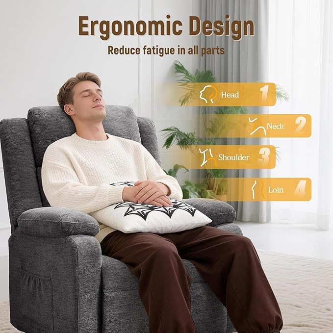 Power Recliner Chair Living Room Chairs for Adults Oversized Electric Recliner with Side Pockets Chenille Fabric Reclining Chair for Living Room Bedroom