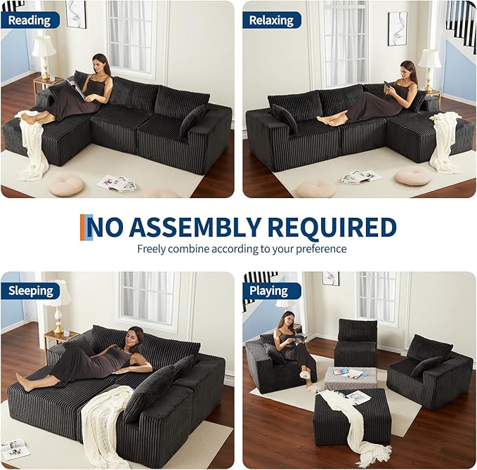 108'' Modular Sectional Sofa Corduroy Sponge Compression Sofa with Deep Seat Comfy Memory Foam Sofa for Living Room Bedroom No Assembly Required Grey