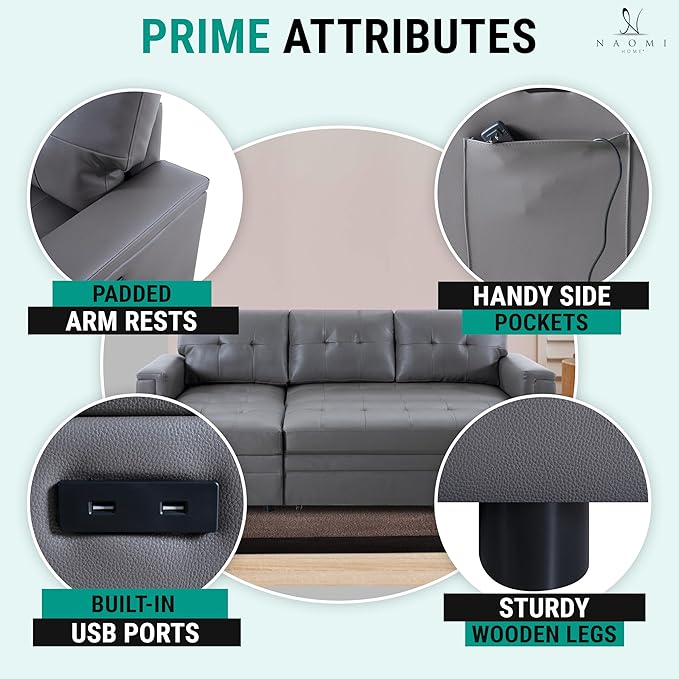 Naomi Home L-Shaped Sectional Sleeper Sofa with USB Ports - Convertible Pull-Out Bed Ample Storage Timeless Design Durable Construction Gray/Air Leather