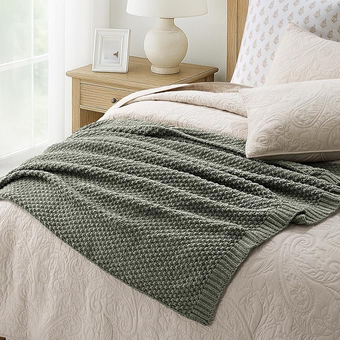 EVERGRACEHOME Chunky Chenille Knit Throw Blanket for Couch Soft Luxurious Moss Stitch Blankets for Bed Cozy Decorative Farmhouse Knitted Throws for Sofa Dried Thyme Green 50 x 60
