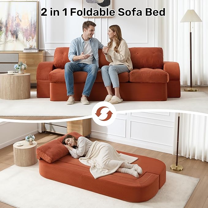 Convertible Sofa Bed3-Seater Boneless Couches for Living Room 2 in 1 Folding CouchFold Out Floor Couch with PillowsCloud Floor LoveseatFloor Futon Sleeper for Living Room Bedroom LoungeOrange