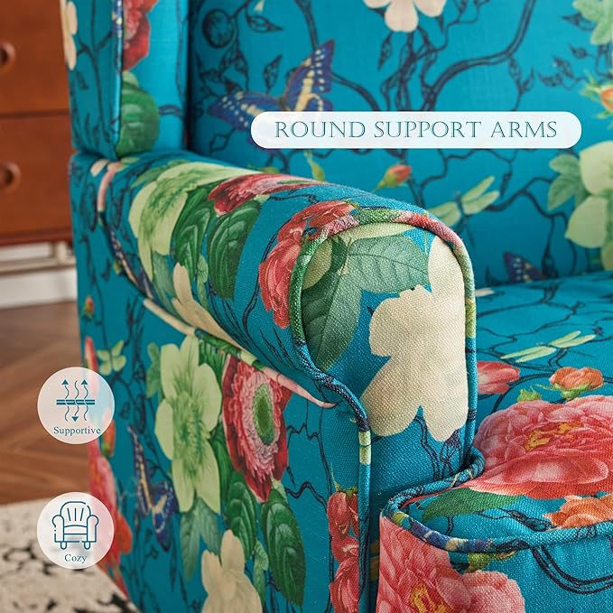 MELLCOM Floral Accent Chair High Back Upholstered Armchair with Solid Legs Leisure Single Sofa Chair for Living Room Bedroom Home Office Teal Floral