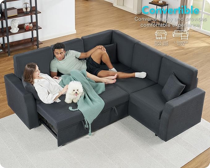 VanAcc Sofa Bed 85 Inch Sleeper Couch with Storage Seat L Shaped Sofa with Pull Out Sofa Bed Sectional Couches for Living Room Apartment Grey Linen Couch Sofa