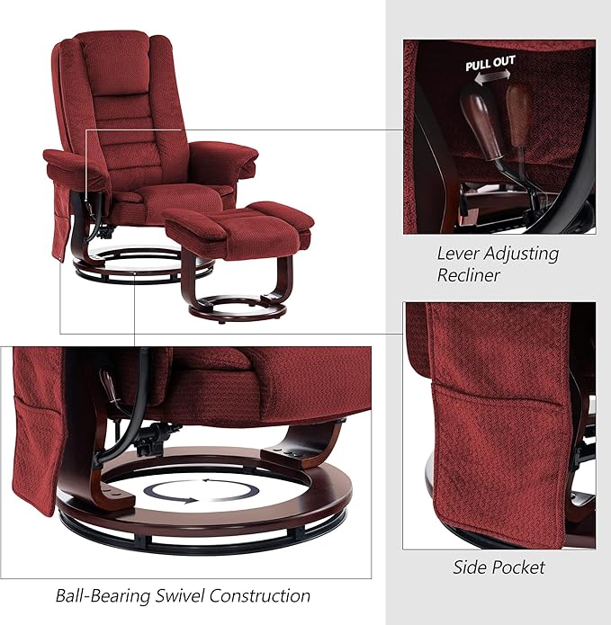MCombo Swivel Recliner with Ottoman Chair TV Chair Sets with Vibration Massage for Small Space Living Room Bedroom 9096 9099 (Textile Burgundy)