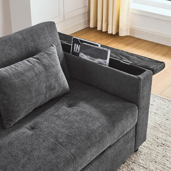 Convertible Sleeper Sofa Bed Pull-Out Recliner Couch with Adjustable Backrest Storage Armrests Side Pockets Cup Holders USB Charging Ports Chenille Loveseat for Living Room Use (Grey)