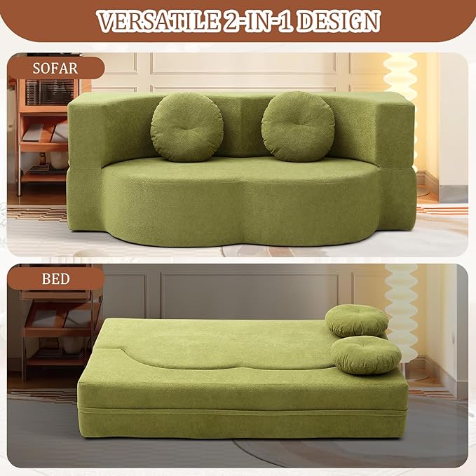 Convertible Folding Sofa Bed 75.5 Boneless Cloud Couch Loveseat Floor &amp Futon Lounge Sleeper Couches Lychee Velvet for Living Room Office Small Spaces No Assembly Required Green