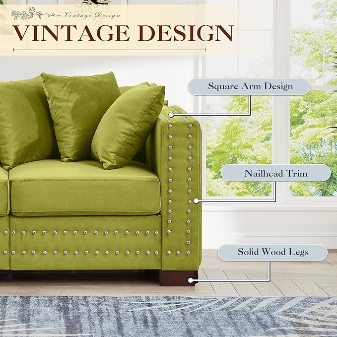 60.5W Loveseat Sofa Velvet Mid Century Modern Couch with Storage Upholstered Deep Seat Chesterfield Couch with Nailhead Trim &amp Pillows 2-Seat Comfy Sofa for Living Room Bedroom Apartment(Gre